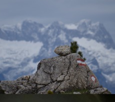Verwitterter Felsblock mit rot-weiß-roter Wegmarkierung im Vordergrund, dahinter schneebedeckte Gipfel in Wolken – Wanderweg im Wattental.