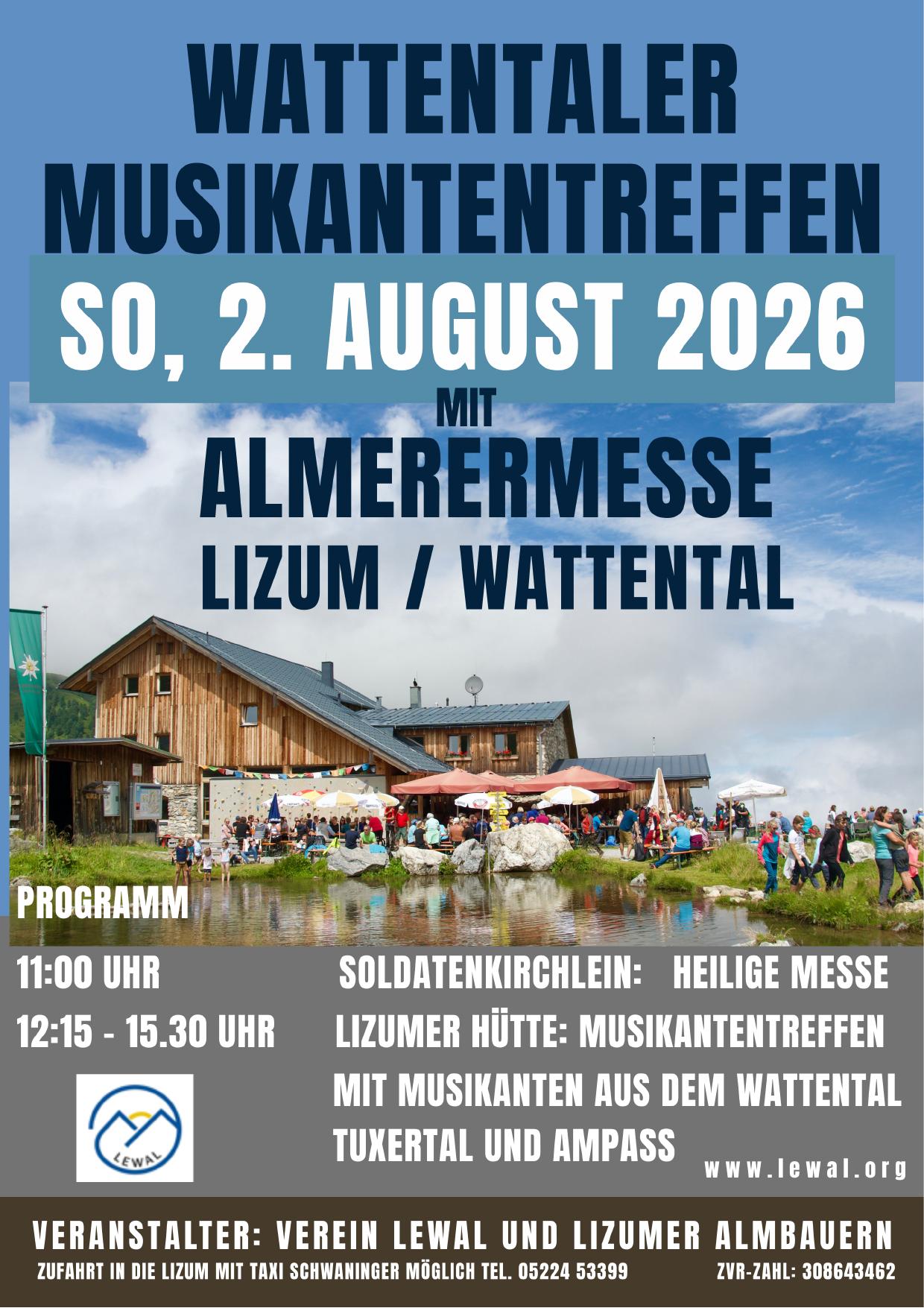 Plakat: Wattentaler Musikantentreffen mit Almerermesse am 2. August 2026 in der Lizum / Wattental