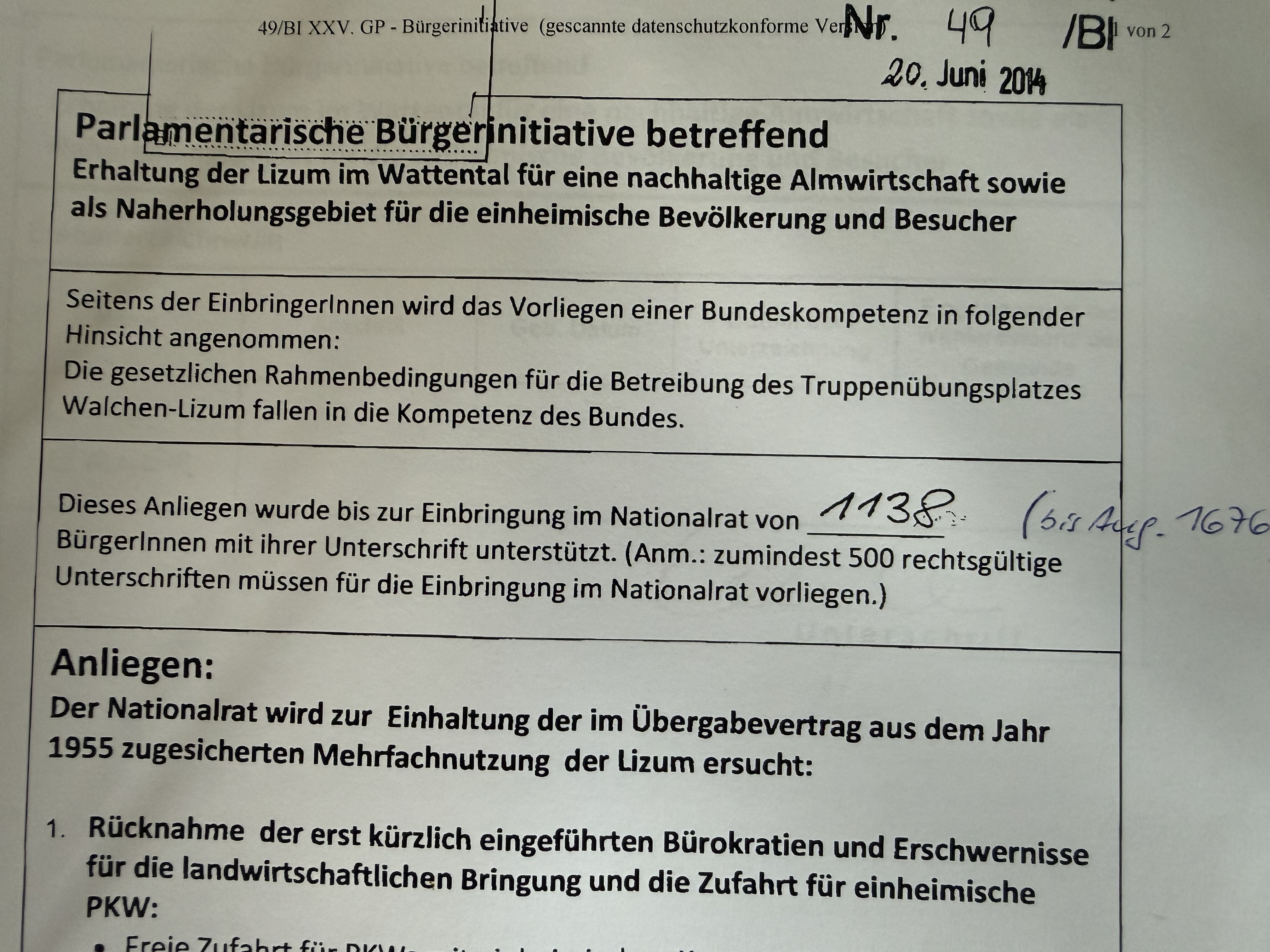 Originaldokument der Parlamentarischen Bürgerinitiative 49/BI vom 20. Juni 2014